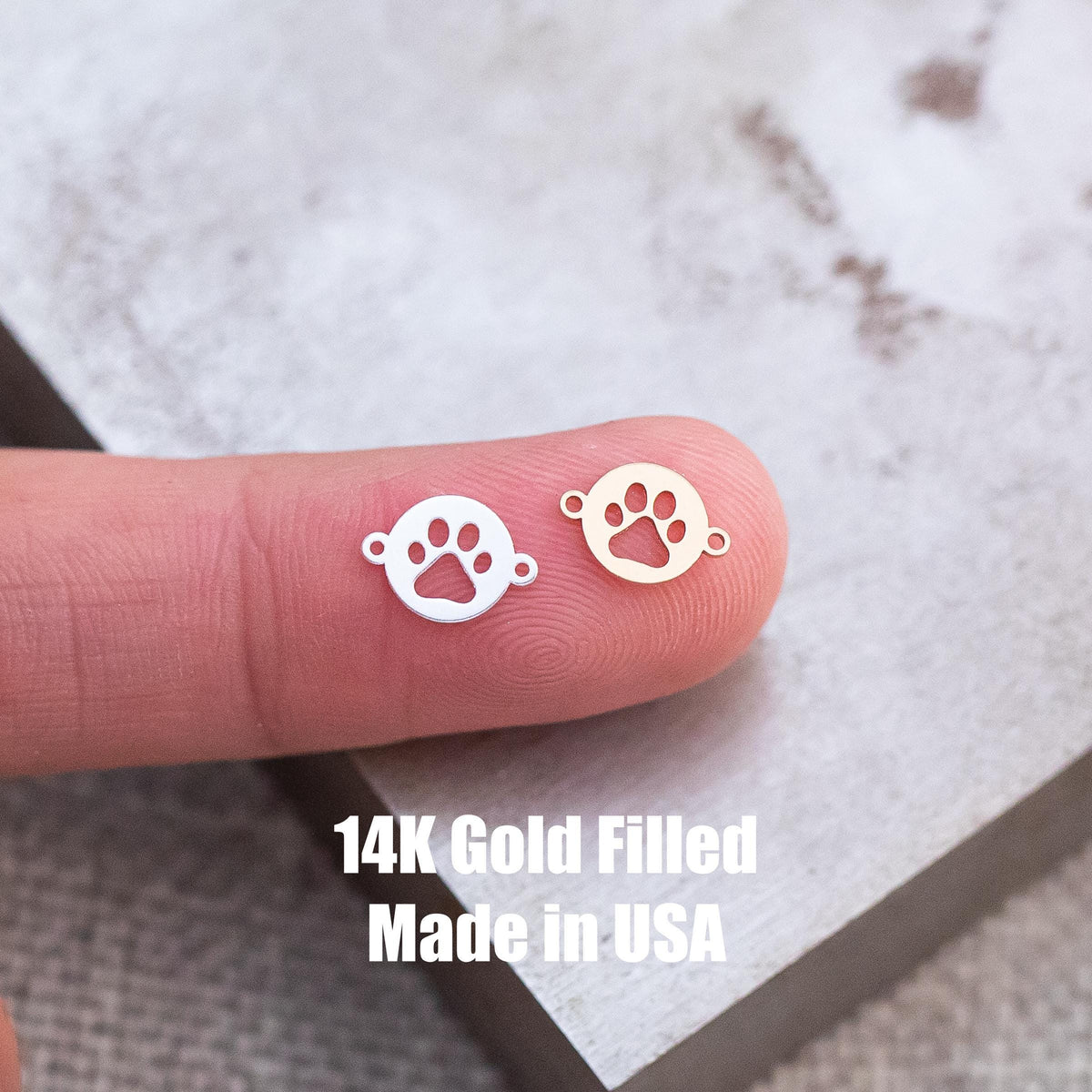 Set 2 x 14Kt Gold Filled or Sterling Silver Dog Paw Print Connectors - Dog Paw Link for Bracelet or Necklace - Permanent Jewelry Supply