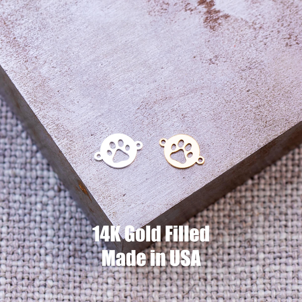 Set 2 x 14Kt Gold Filled or Sterling Silver Dog Paw Print Connectors - Dog Paw Link for Bracelet or Necklace - Permanent Jewelry Supply