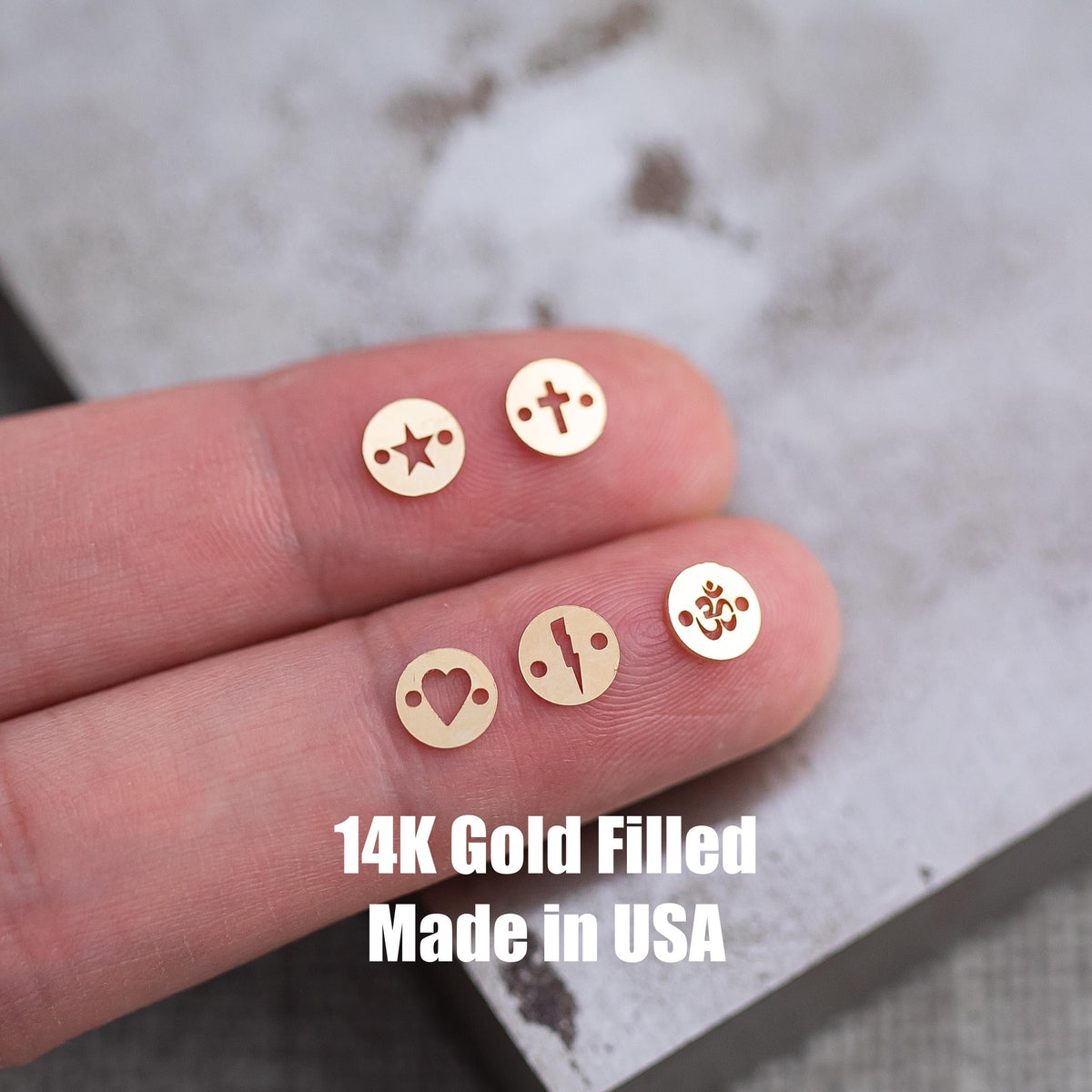 14k Gold Filled Disc Connectors Star Cross Lightning Bolt Heart Om Sterling Silver Connectors Bracelet or Necklace Permanent Jewelry Supply