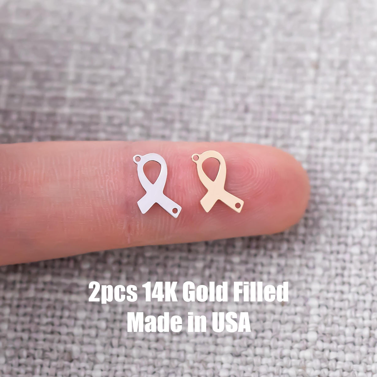 2pcs Gold Filled Cancer Ribbon Connector - 14K GF / Sterling Silver Awareness Ribbon Connectors Breast Cancer Bracelet Permanent Jewelry