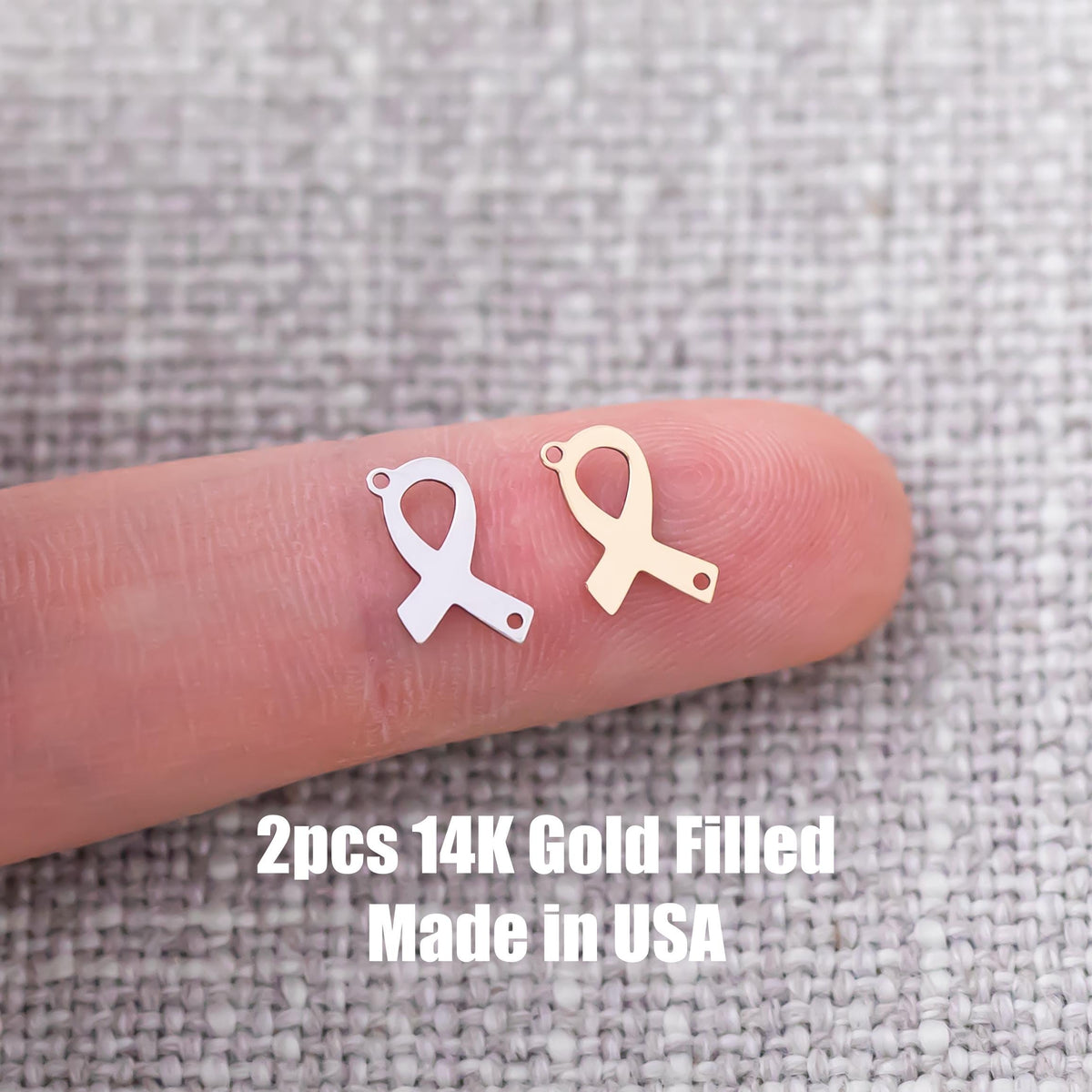 2pcs Gold Filled Cancer Ribbon Connector - 14K GF / Sterling Silver Awareness Ribbon Connectors Breast Cancer Bracelet Permanent Jewelry