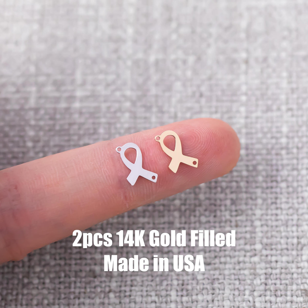2pcs Gold Filled Cancer Ribbon Connector - 14K GF / Sterling Silver Awareness Ribbon Connectors Breast Cancer Bracelet Permanent Jewelry