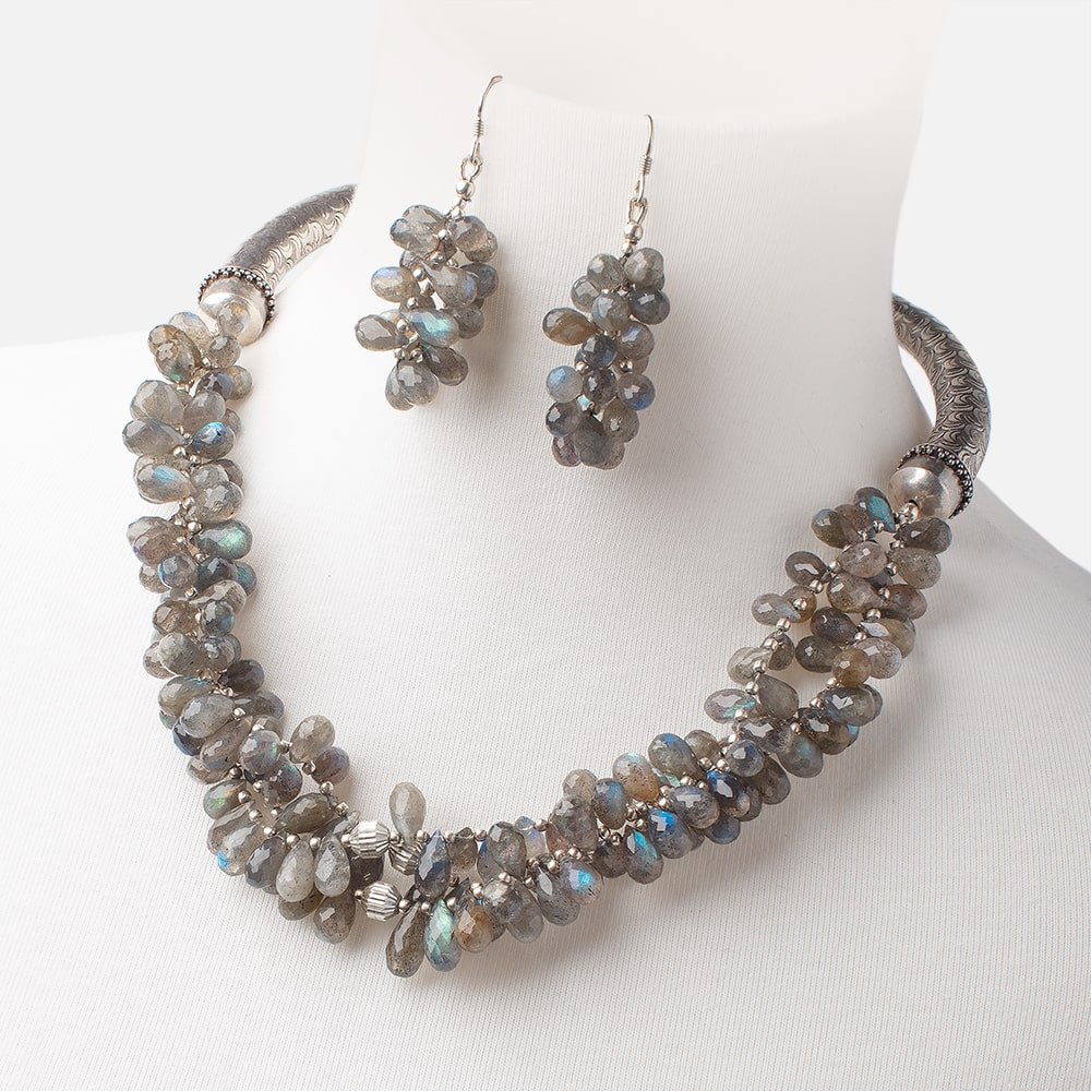 Labradorite Faceted Tear Drop Antiqued Silver Necklace and Earring Set AAA