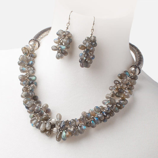 Labradorite Faceted Tear Drop Antiqued Silver Necklace and Earring Set AAA