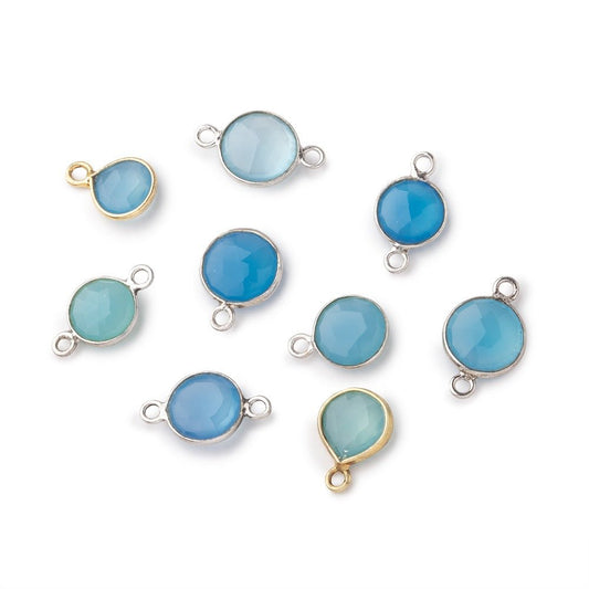 Lot of 9 Bezel Set Blue Chalcedony Focal Beads