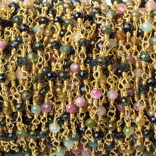 3mm Multi Color Tourmaline micro-faceted round Gold plated Chain by the foot 40 beads