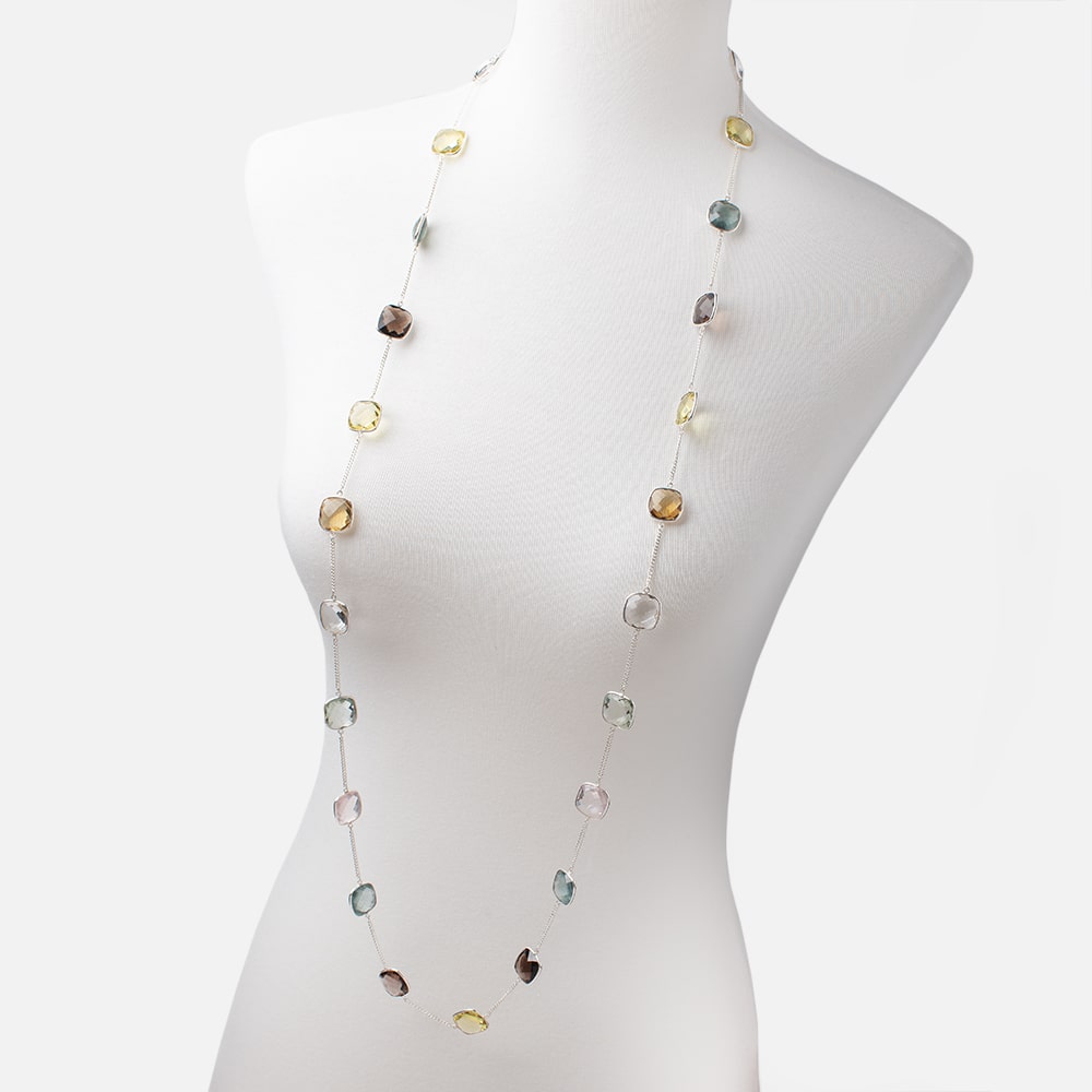 Multi Gemstone Faceted Cushion .925 Silver Bezel Chain Necklace AAA