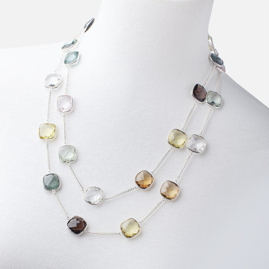 Multi Gemstone Faceted Cushion .925 Silver Bezel Chain Necklace AAA