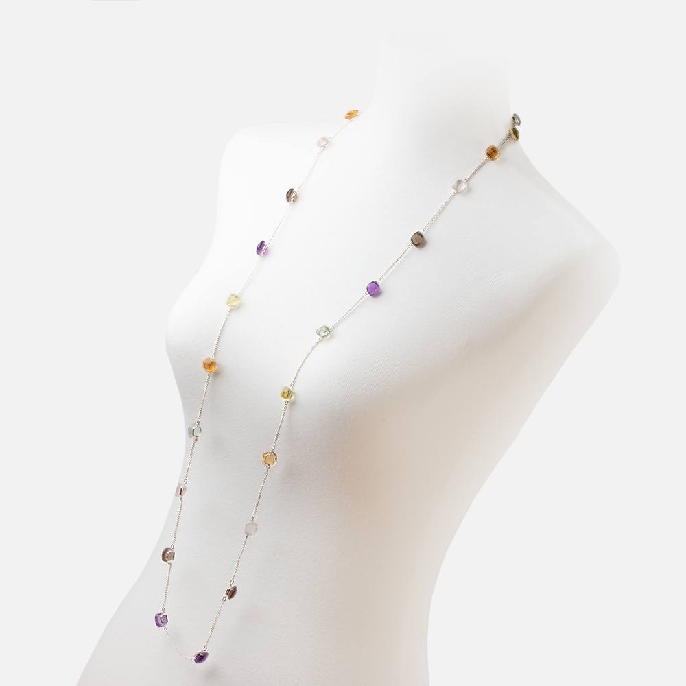 Multi Gemstone Faceted Cushion .925 Silver Bezel Set Chain Necklace AAA