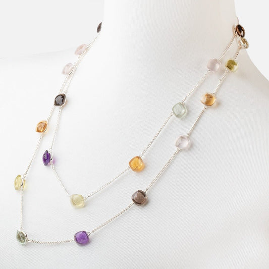 Multi Gemstone Faceted Cushion .925 Silver Bezel Set Chain Necklace AAA