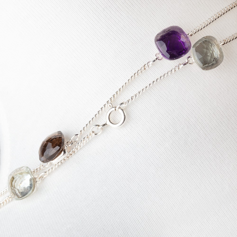 Multi Gemstone Faceted Cushion .925 Silver Bezel Set Chain Necklace AAA