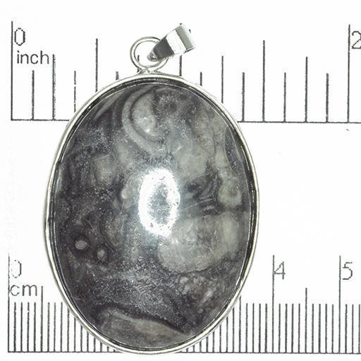 30mm x 40mm Black Fossil Insect Jasper Oval Pendant - With Bail - Semi Precious Stone - SP612