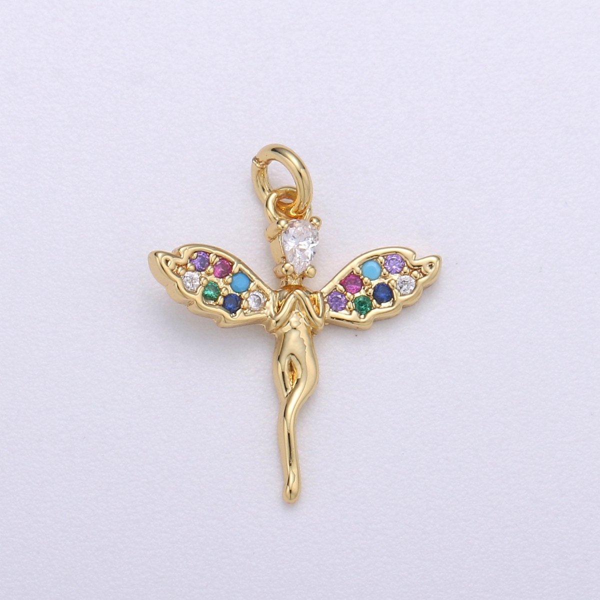 14k Gold Filled Angel Charm Micro Pave Angel Charm, Rainbow Cubic Charms, CZ Gold Colorful Charm, Dainty Minimalist Jewelry SupplyC-467