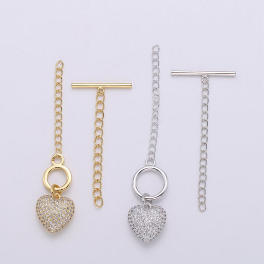 14K Gold Filled Toggle Clasp with CZ On Charm, 22mmx10mm Heart Charm and 10mmx2mm Bar. Extender Chain is 35mm 1.5inches You Can Cut K-454 K-455