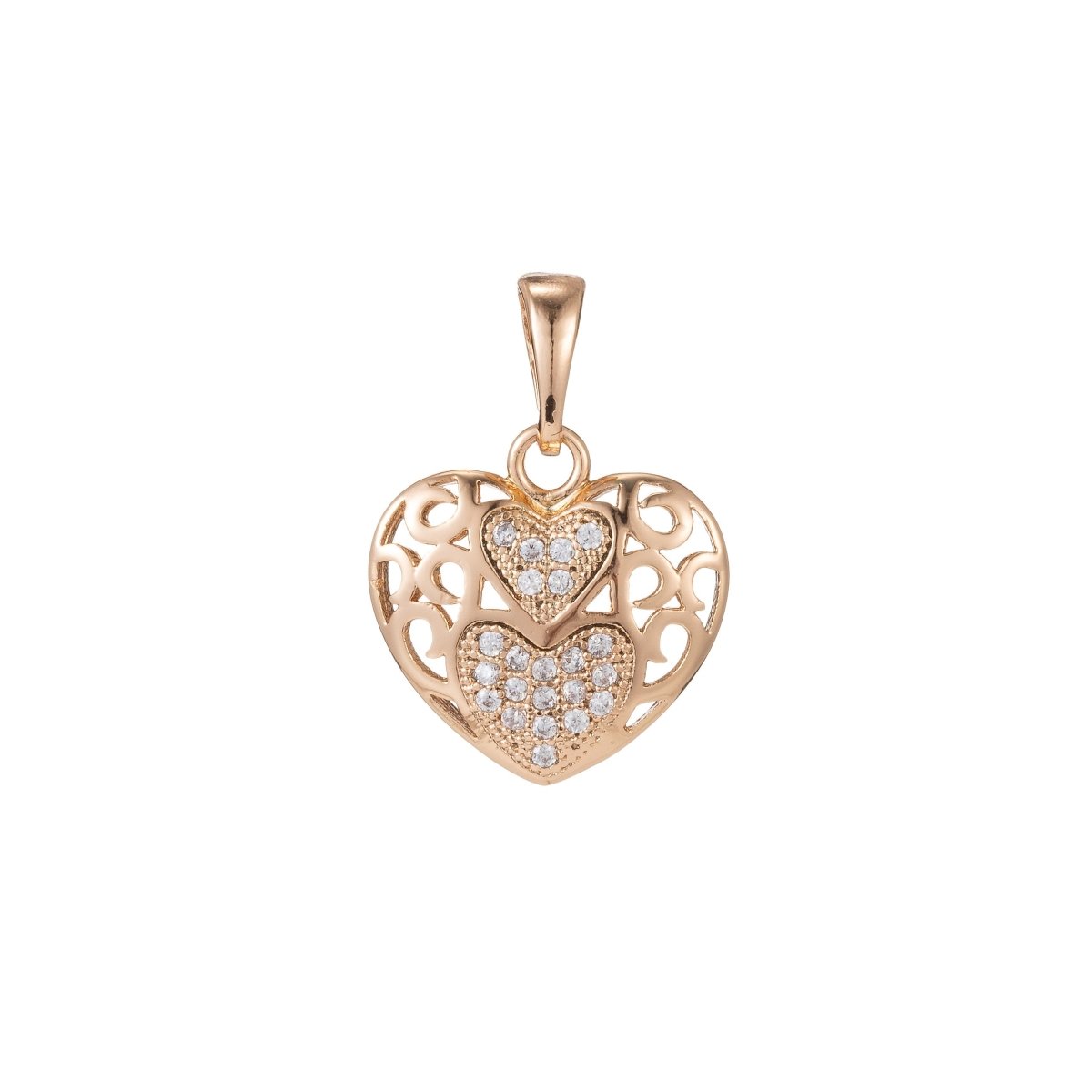 18k Gold Filled Micro Pave CZ Heart Pendant Charm, Heart with heart Pendant Charm, Linked Locked Heart Pendant, For DIY Jewelry I-421
