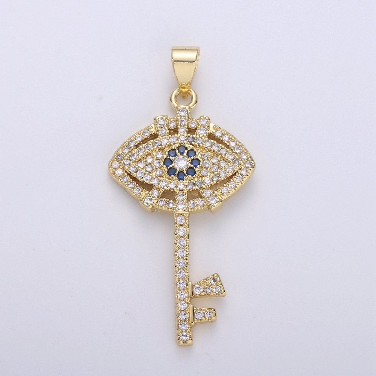 24k Gold Filled Evil Eye Pendant Micro Pave Evil Eye Charms, Gold Key Pendant Cubic Key Charm for Necklace  I-876