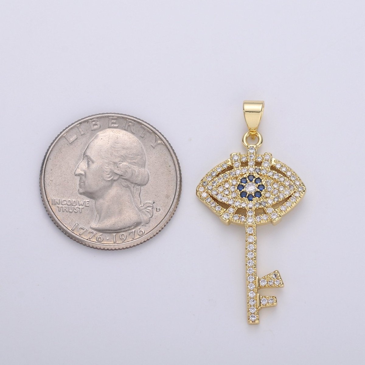 24k Gold Filled Evil Eye Pendant Micro Pave Evil Eye Charms, Gold Key Pendant Cubic Key Charm for Necklace  I-876