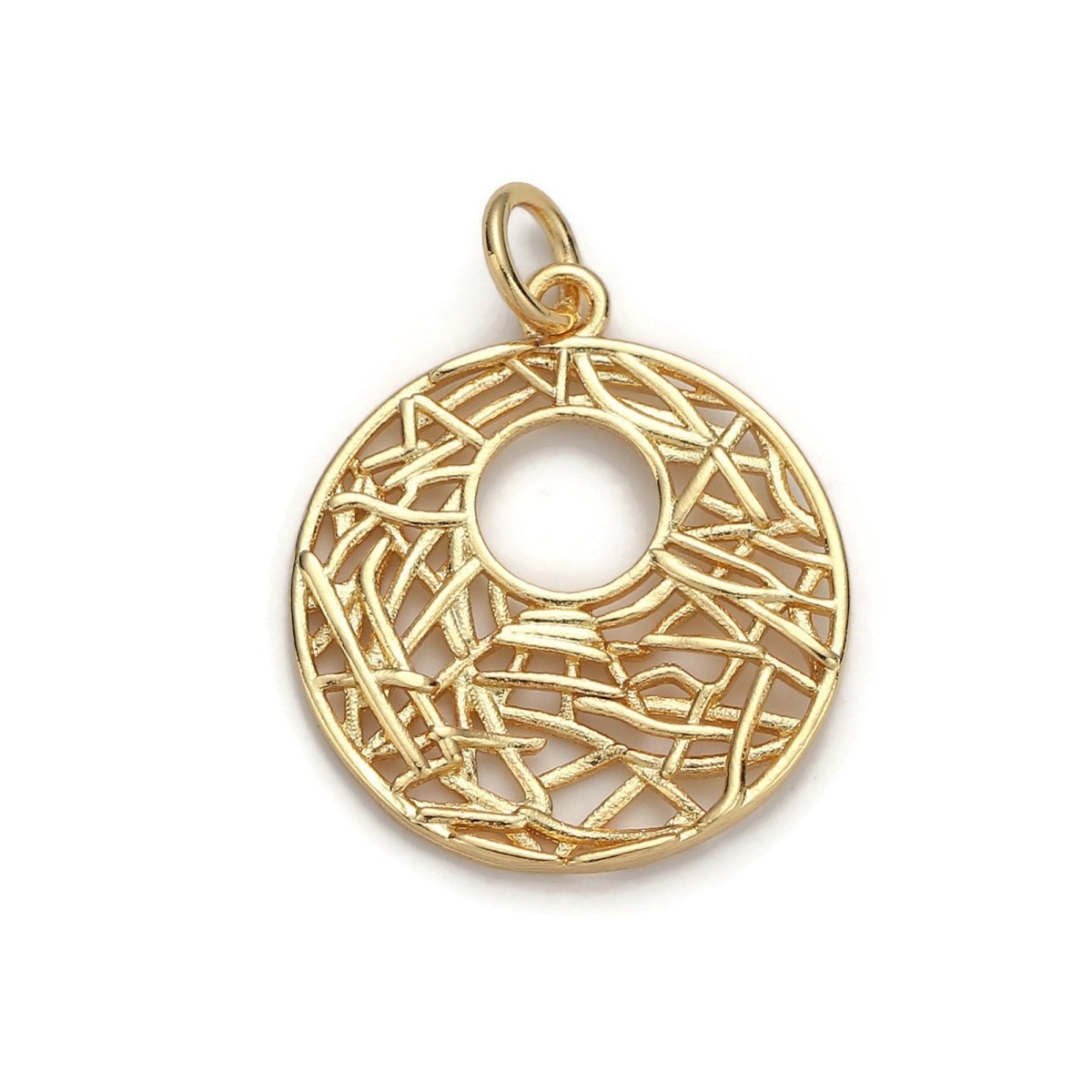 24k Gold Filled Patterned Geometric Circle Charm, Branch Paisley Pendant Charm, Gold Filled Charm, For DIY Jewelry, Gold Color D-058