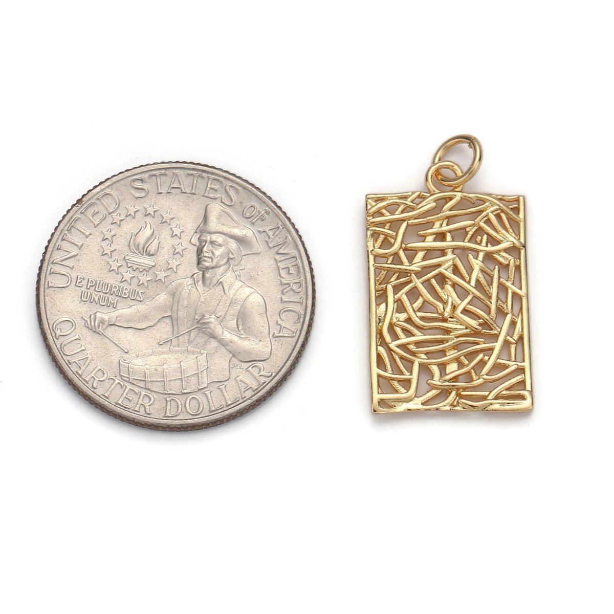 24k Gold Filled Patterned Rectangle Charm, Branch Paisley Pendant Charm, Gold Filled Charm, For DIY Jewelry, Gold Color D-055