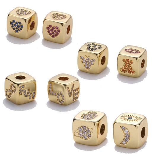 9x9mm CZ Gold Filled Beads, Evil Eye Beads, Heart Beads, Love Beads, Animal Blocks Micro Pave Block Charm for Bracelet Necklace Supply K-439 K-441