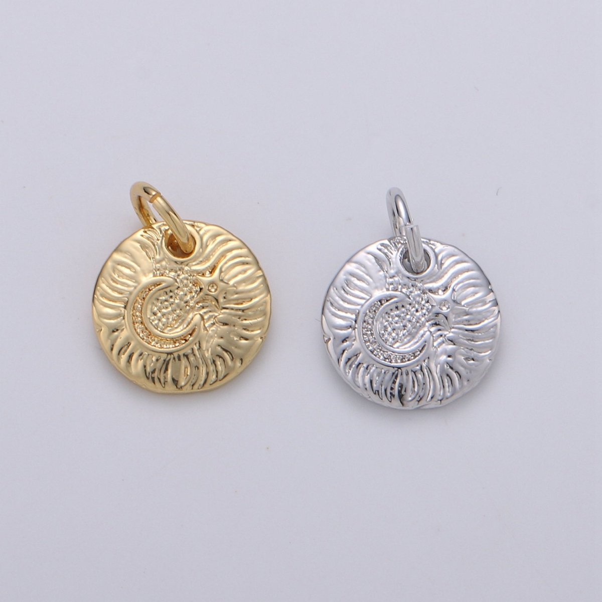 Celestial Jewelry Gold Crescent Moon Charm Rustic Coin Disc Charm Jewelry Making Supply 24K Gold Filled Findings D-372 D-373