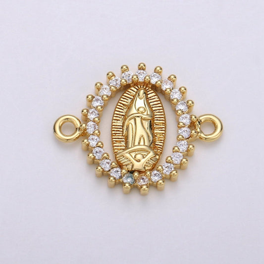 CZ Micro paved Gold Virgin Mother Mary Connectors, Catholic Baptism Charm, Medallion Religious Jewelry Craft Supply F-461