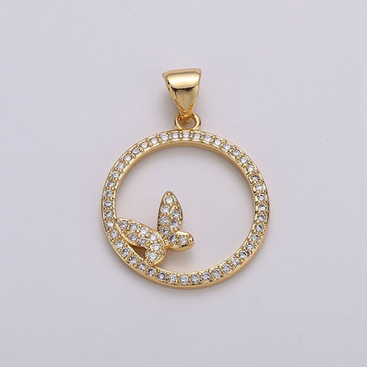 Dainty 14k Gold Filled Micro Pave Butterfly Charm, Round Circle Mariposa Pendant Charm, Gold Filled Charm, For DIY Jewelry I-744