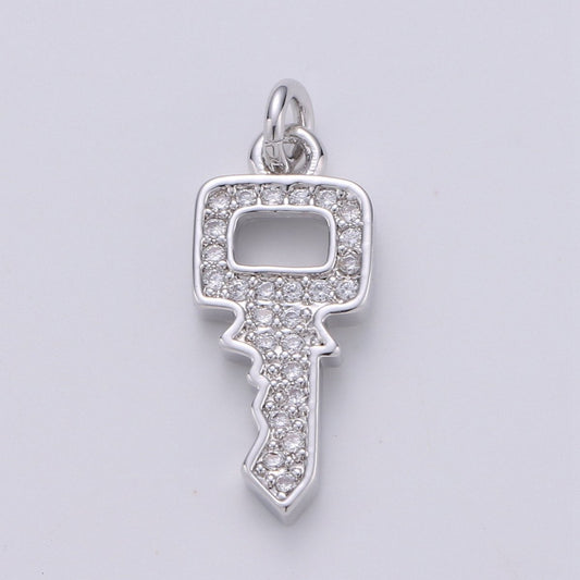 Dainty Key charm with Clear cz• 20x7mm • 24k Gold Filled• Sparkly Cubic Zirconia Car Key Charm •  Silver Charm for Necklace Bracelet Earring  D-371