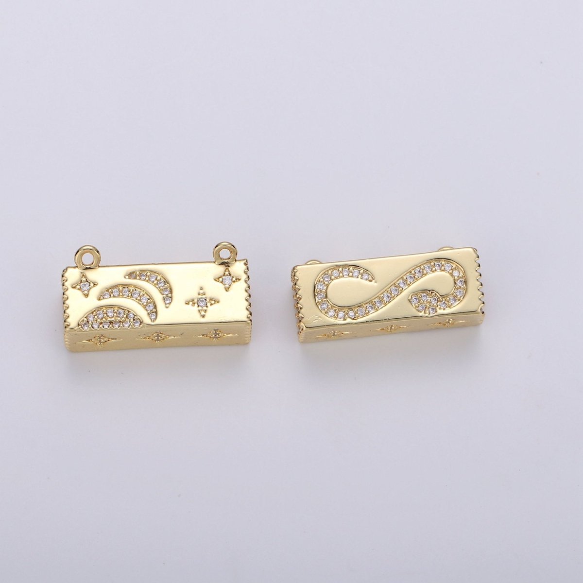 Gold Cresent Moon On Cuboid Shape Charms, Gold Star Pendant, Cube Necklace Charms with Double Bail / Dangle Charm F-439