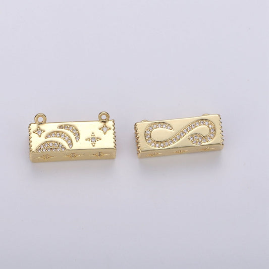 Gold Cresent Moon On Cuboid Shape Charms, Gold Star Pendant, Cube Necklace Charms with Double Bail / Dangle Charm F-439