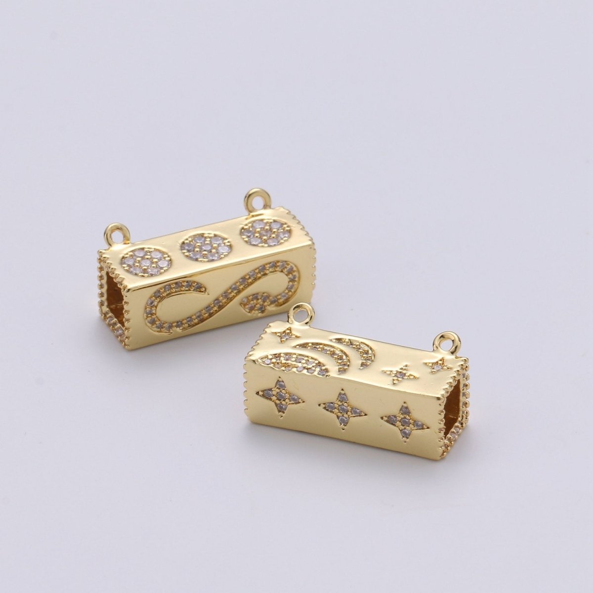 Gold Cresent Moon On Cuboid Shape Charms, Gold Star Pendant, Cube Necklace Charms with Double Bail / Dangle Charm F-439