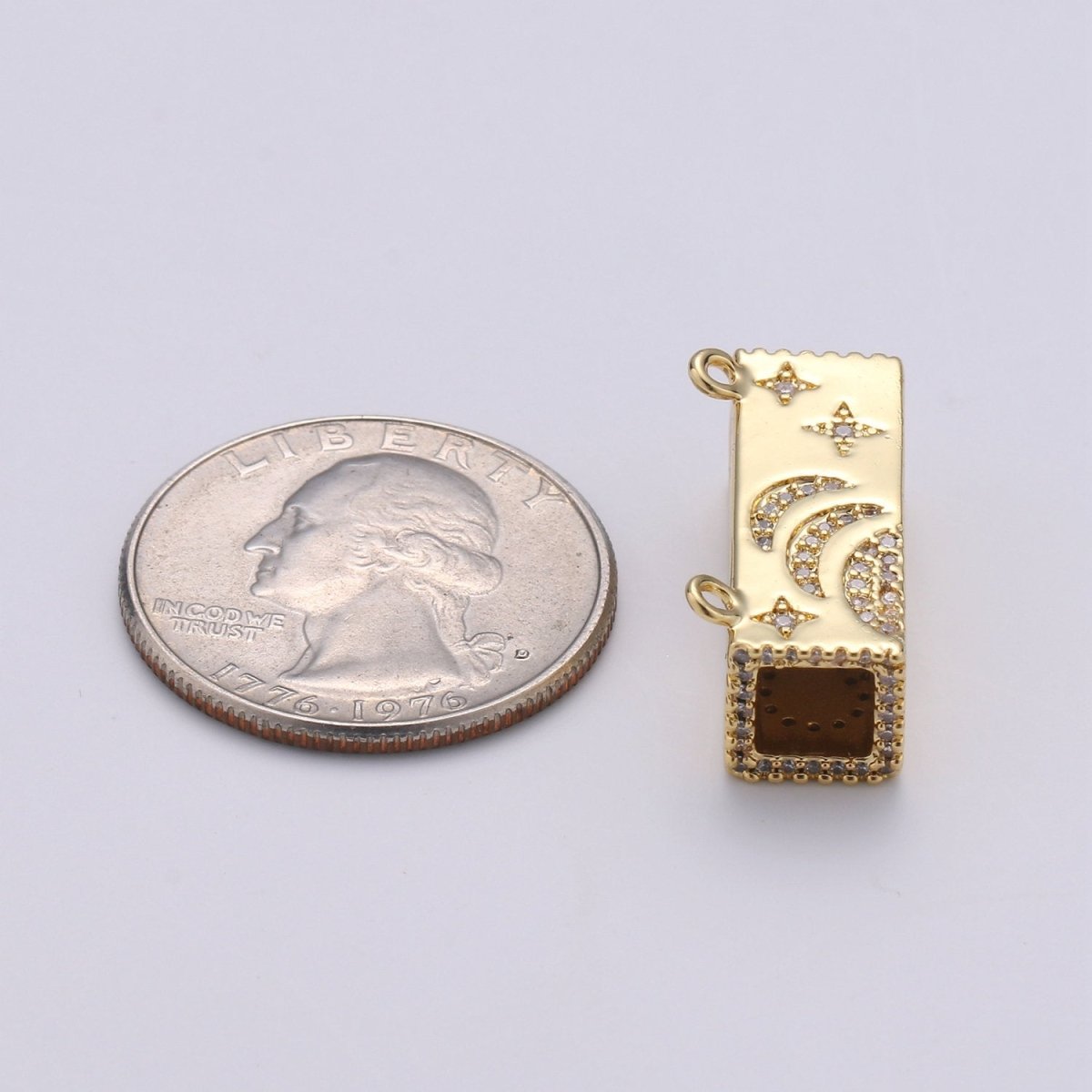 Gold Cresent Moon On Cuboid Shape Charms, Gold Star Pendant, Cube Necklace Charms with Double Bail / Dangle Charm F-439