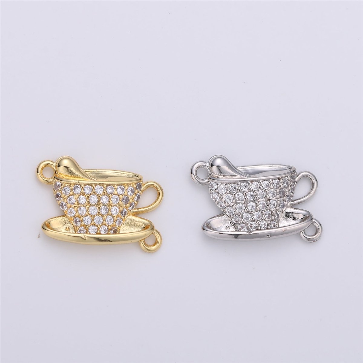 Gold Filled Coffee Tea Cup Micro Pave Connector Charm, Cubic Zirconia Pendant Charm, For DIY Jewelry, Gold Silver Color Option F-367 F-368