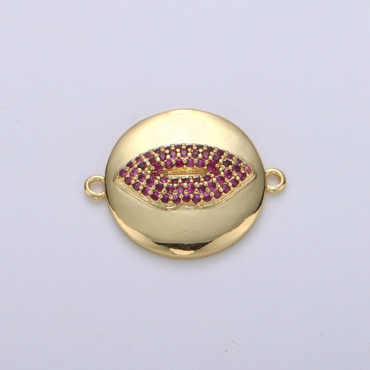 Gold Filled Lips Kiss Micro Pave Connector Charm, Cubic Zirconia Pendant Charm, For DIY Jewelry, Gold Color F-397