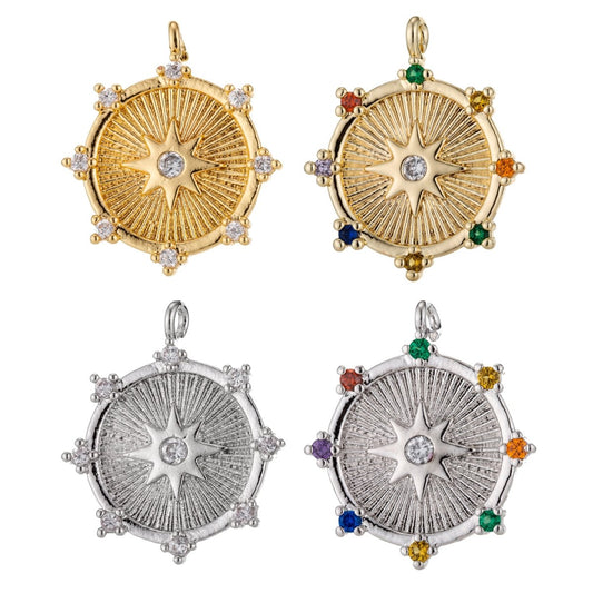 Gold Filled / Silver CZ Pave Starburst Cubic Zirconia Shooting Star North Star Coin Circle Disc Micro Pave Star Medallion Charm Pendant E-465 E-468