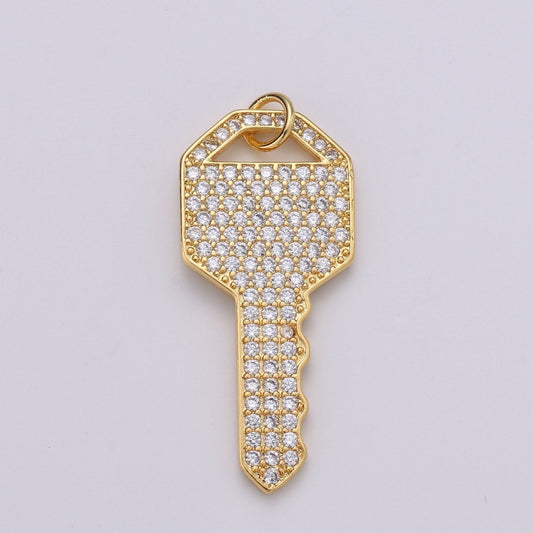 Gold Key CZ Micro Pave Charm Pendant, Key Charm, Key Pendant, Key Necklace, Charm Bracelet, Cubic Zirconia, Charm, 34x15mm D-340