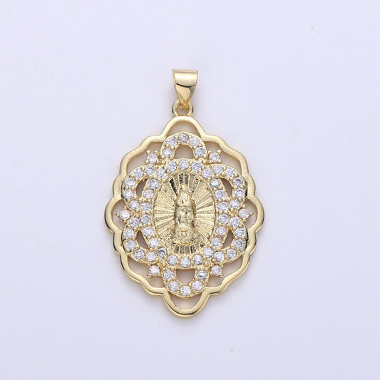 Gold Medallion Virgin Mary Pendant Sun Burst Pendant Round Coin Pendant in 24K Gold Filled Religious Jewelry Charm Pendant for Necklace I-640