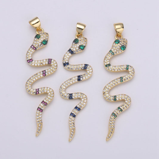 Green CZ  14k Gold Filled Snake Charm, Micro Pave Snake Pendant Charm, Gold Filled Charm, For Serpent Animal Jewelry Dangle Charm I-906 I-905 I-907