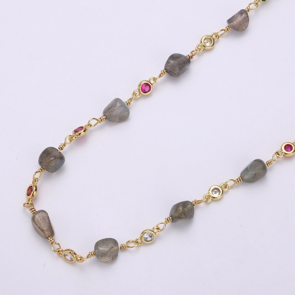 Labradorite Bead Micro Pave Charm 24K Gold Filled Chain by Yard, Cubic Round Charm Chain, Semiprecious Stone Multicolor Labradorite Chain | ROLL-331 Clearance Pricing