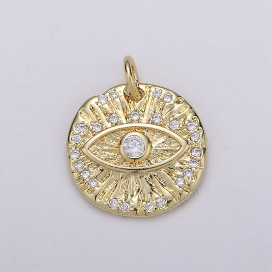 Micro Pave Evil eye Charm, Gold Medallion with Cubic Pendant, Dainty Evil Eye Charm, Bohemian Jewelry Amulet Protection Necklace Supply C-820