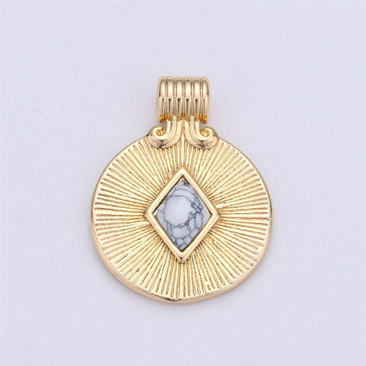 Dainty Medallion Pendant - 18K Gold Filled Rhombus Howlite Turquoise Stone Round Disc Charm Necklace Pendant C-742