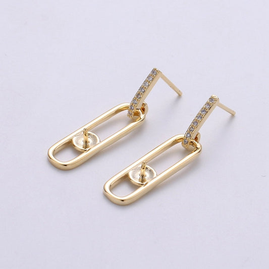 Oval Dangle Post Earring  Earring Component for DIY Pearl Earring Findings, Half Drilled Pearl Dangle Earring Supply K-401