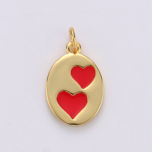 Oval Red Heart Charm - Dainty Gold Double Heart Add On Charm - Dainty Heart - Love Inspired Gold Filled Heart Pendant Couple Jewelry D-713