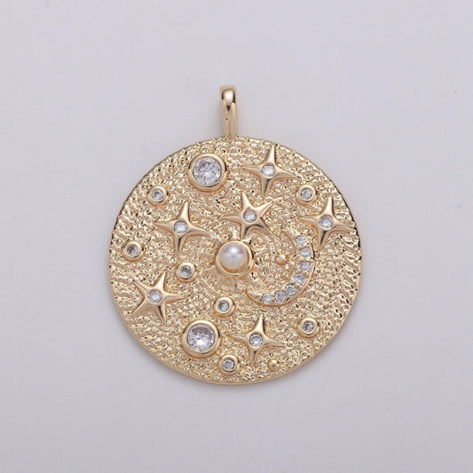 Pearl and Micro Pave CZ Planet in the Universe Round Pendant 14K gold Filled Charm, Star, Cresent Moon, Galaxy, DIY Jewelry Necklace making D-736