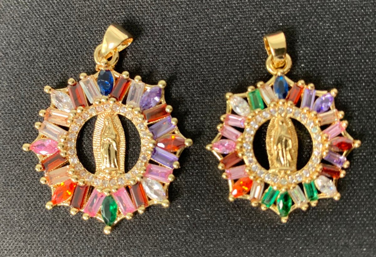 Rainbow 24K Gold Filled CZ Virgin Mary Pendant, Lady Guadalupe Baguette Charm, Mother of Jesus Medallion, Rosary Charm Religious Jewelry J-088 I-882