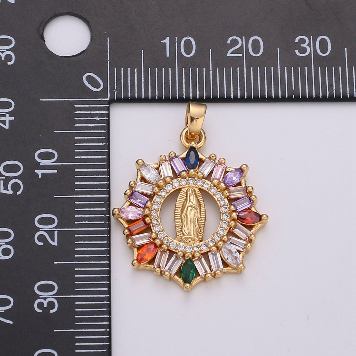 Rainbow 24K Gold Filled CZ Virgin Mary Pendant, Lady Guadalupe Baguette Charm, Mother of Jesus Medallion, Rosary Charm Religious Jewelry J-088 I-882