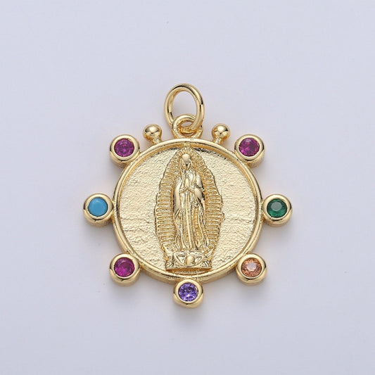 Rainbow 24K Gold Filled CZ Virgin Mary Pendant, Lady Guadalupe Round Disc Charm Mary Medallion, Rosary Charm Religious Jewelry D-685