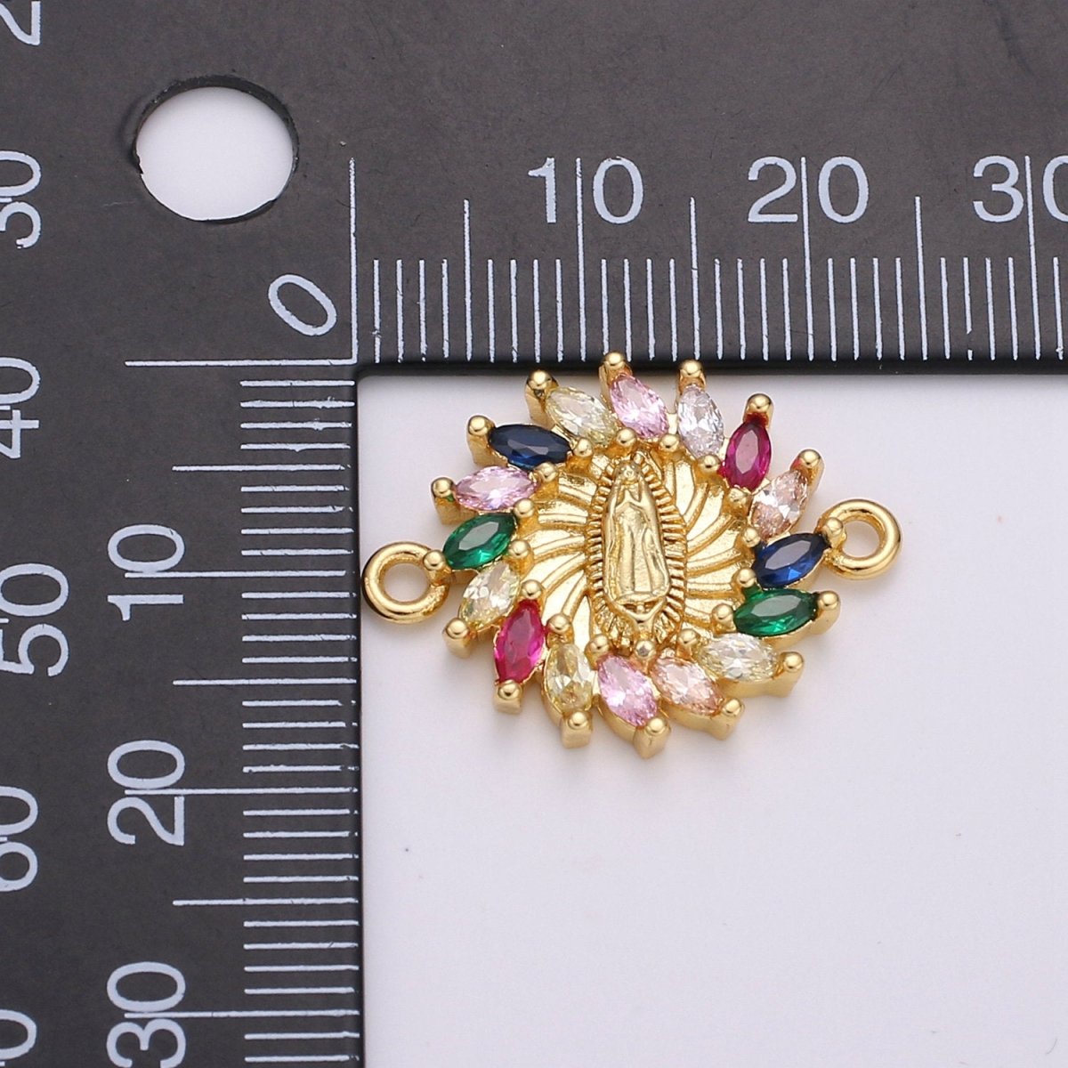 Rainbow CZ paved Gold Virgin Mother Mary Connectors, Catholic Baptism Lady Guadalupe Charm, Medallion Religious Jewelry Craft Supply F-425
