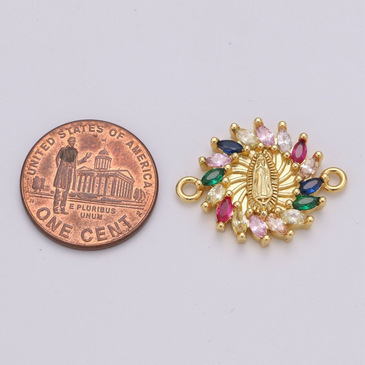 Rainbow CZ paved Gold Virgin Mother Mary Connectors, Catholic Baptism Lady Guadalupe Charm, Medallion Religious Jewelry Craft Supply F-425