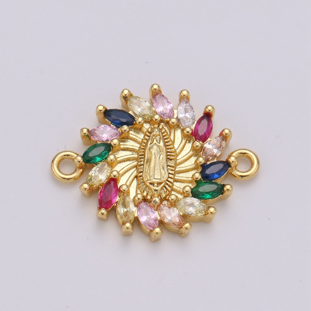 Rainbow CZ paved Gold Virgin Mother Mary Connectors, Catholic Baptism Lady Guadalupe Charm, Medallion Religious Jewelry Craft Supply F-425
